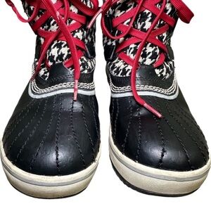 Sorel Tivoli Houndstooth Winter Boots Black White Red Lace Size 7 Warm & Cozy
